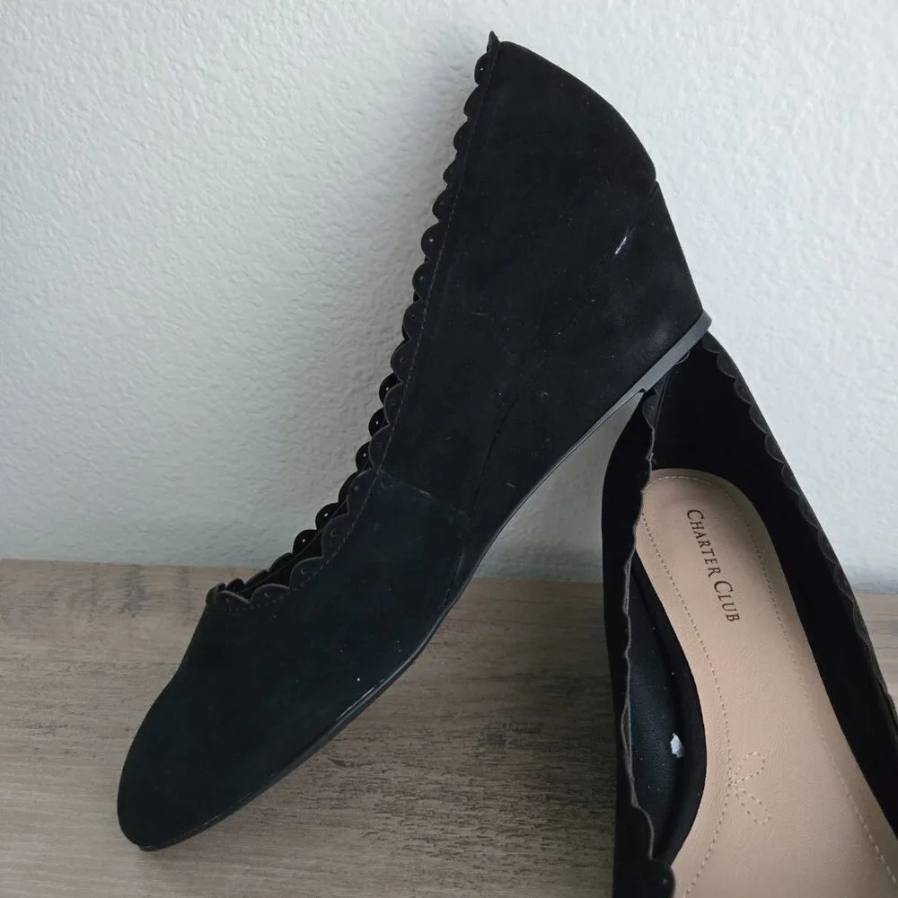 Charter Club Wandaa Suede Leather Scalloped Almond Toe Wedge Heels Black Size 9 - Picture 8 of 12
